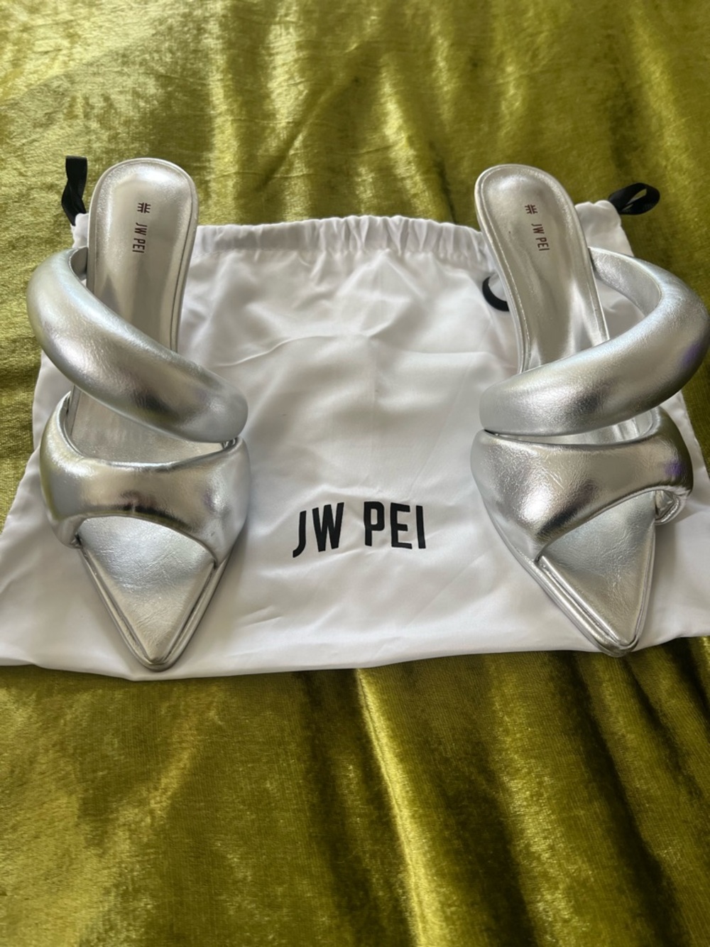 JW PEI Metallic Silver Sculpted Slide Heels